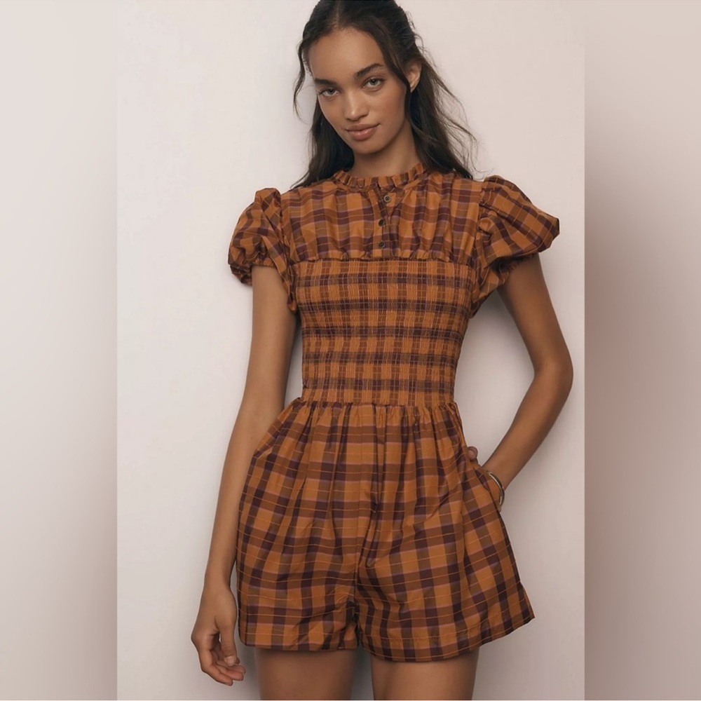 Maeve Anthropologie Plaid Taffeta Puff Sleeve Romper Playsuit Pockets Small